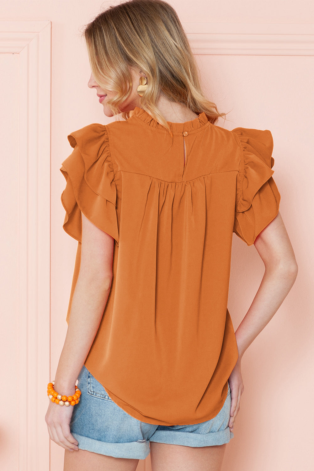 Grapefruit Orange Ruched Frilled Neck Ruffle Blouse - Eloy Royal