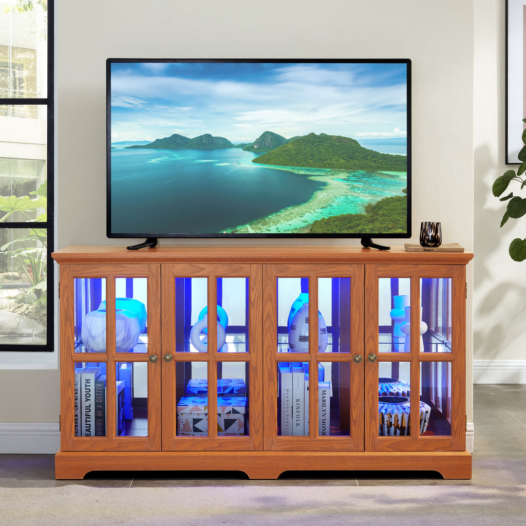 Full-Color RGB Light Strip Curio Display Cabinet Antique Display Cabinet with Glass Doors Adjustable Shelves for Collectibles Four Door Design Vintage Showcase for Home or Office DRAK OAK