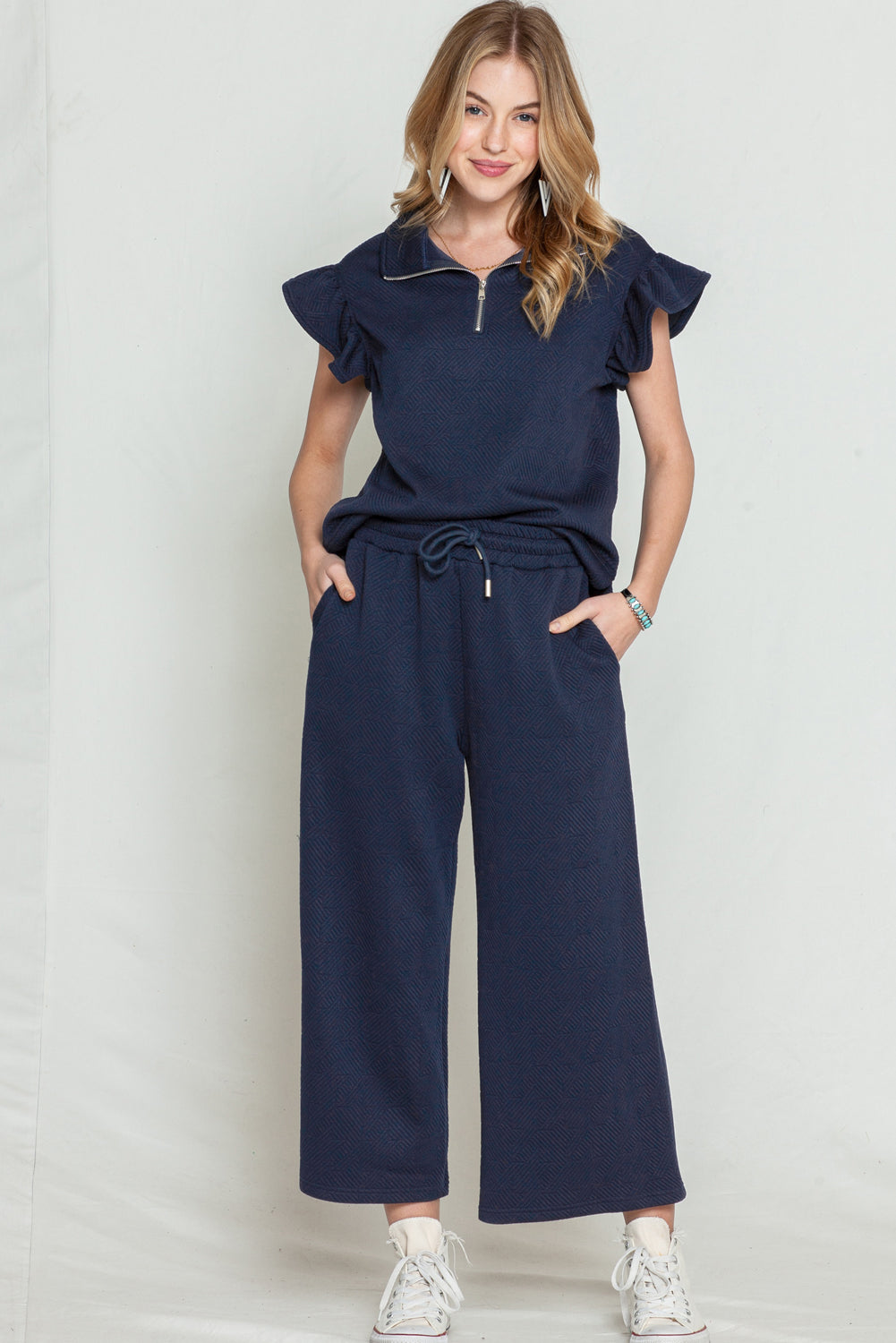 Navy Blue Textured Ruffle Cap Sleeve Top And Wide Leg Pants Set - Eloy Royal