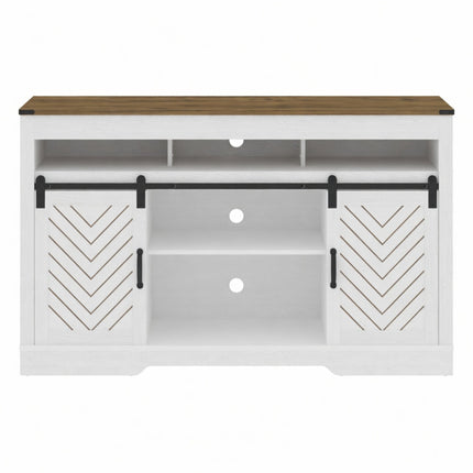 58' Modern Farmhouse White & Oak TV Stand for 65+ Inch TVs with Sliding Barn Doors and Adjustable Storage