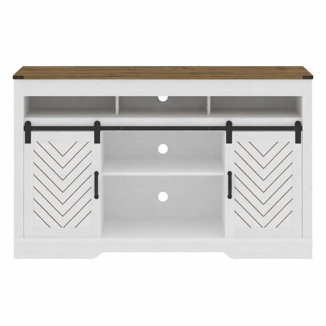 58' Modern Farmhouse White & Oak TV Stand for 65+ Inch TVs with Sliding Barn Doors and Adjustable Storage