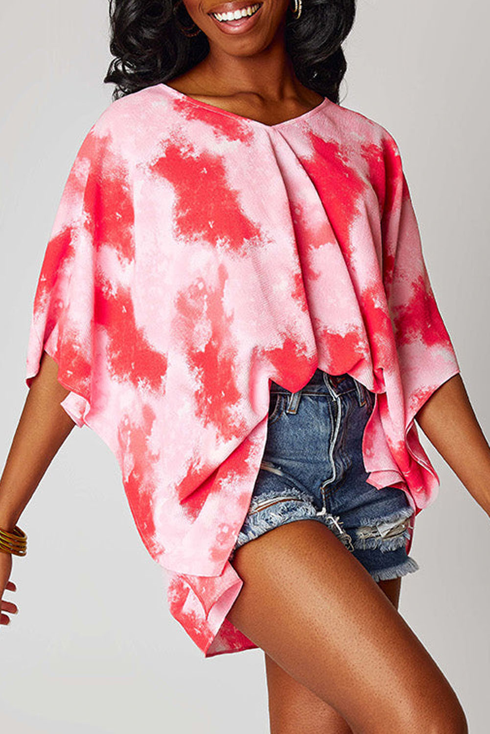 Wholesale Red Plus Size Tie Dye Print 3/4 Sleeve Tunic Top - Eloy Royal