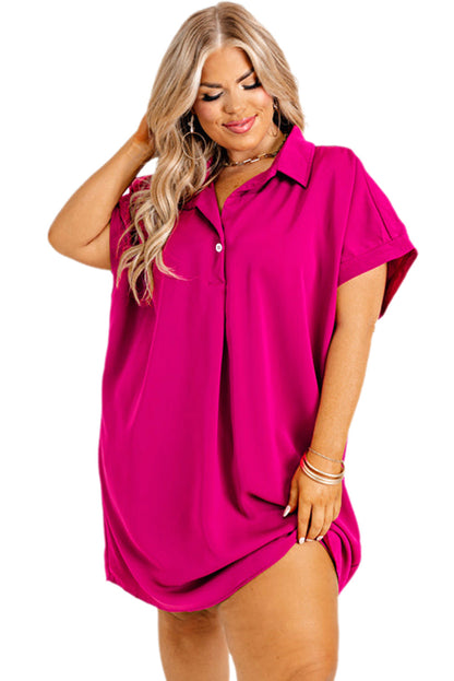 Bright Pink Collared V Neck Short Sleeve Plus Size Dress - Eloy Royal