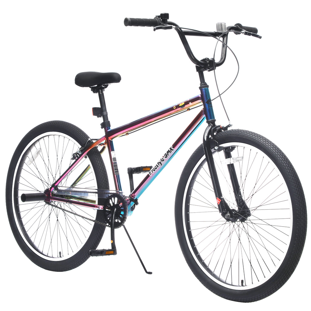 26 Inch Freestyle Bike for Teens, Steel Frame Single-Speed Bicycle with 2 Pegs , Front Caliper Brake and Rear V Brake, Bicycle for Boys and Girls Ages 14+