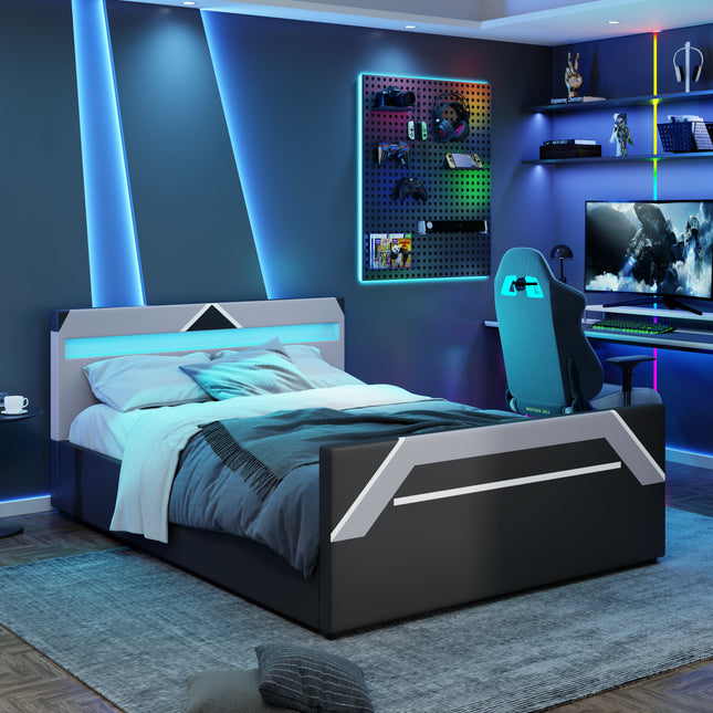 Queen Size Gaming Bed with Built-in 7-Color LED Lighting Headboard, Side-Lift Hydraulic Storage Platform Bed, Cyberpunk Style, Black+Gray