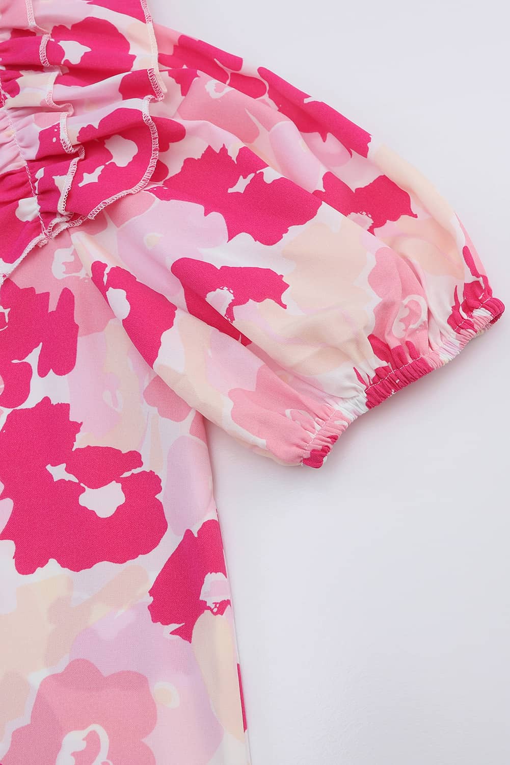 Pink Split Neck Ruffled Puff Sleeves Floral Top - Eloy Royal