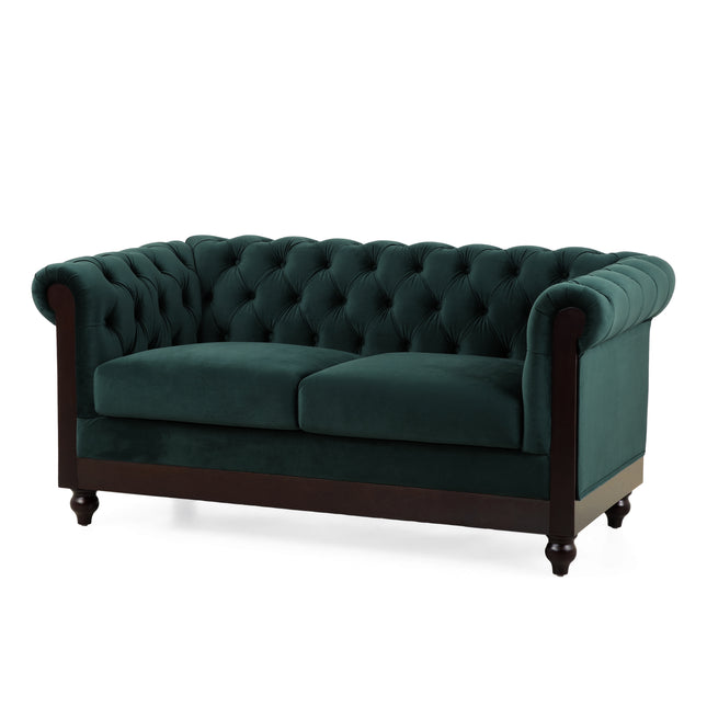 VIVALUX Chesterfield Velvet Loveseat Sofa 2-Person Rolled Arm Upholstered Couch Forest Green