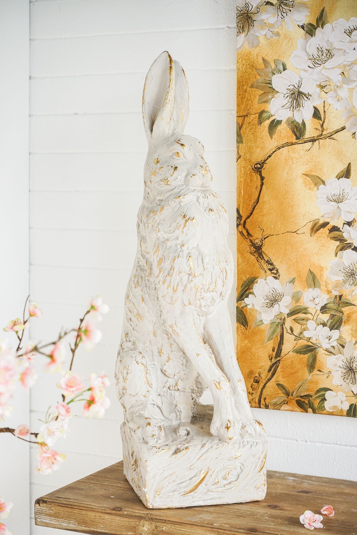 10.2x9.1x29.9' Large Magnesium Sitting Rabbit Figurine with Antique White Finish and Pedestal Base