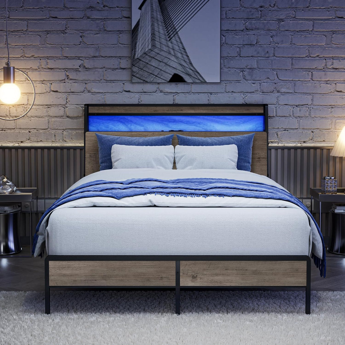 Queen Size Metal Platform Bed Frame with Ergonomic Headboard, Built-in RGB Lights, Power Outlets & Charging Ports, Under-Bed Storage, Sturdy & Noise-Free, No Box Spring Needed