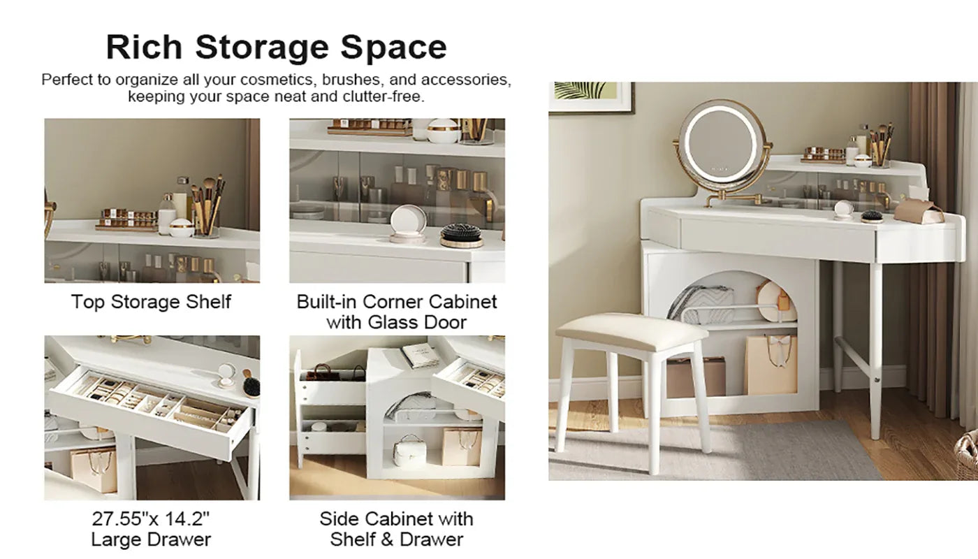 Corner Makeup Vanity Desk With Mirror & LED Lights, Modern Vanity Set With Mirror And Stool, Dressing Table With Large Storage For Small Place, Brightness Adjustable Folding Mirror, White - Eloy Royal