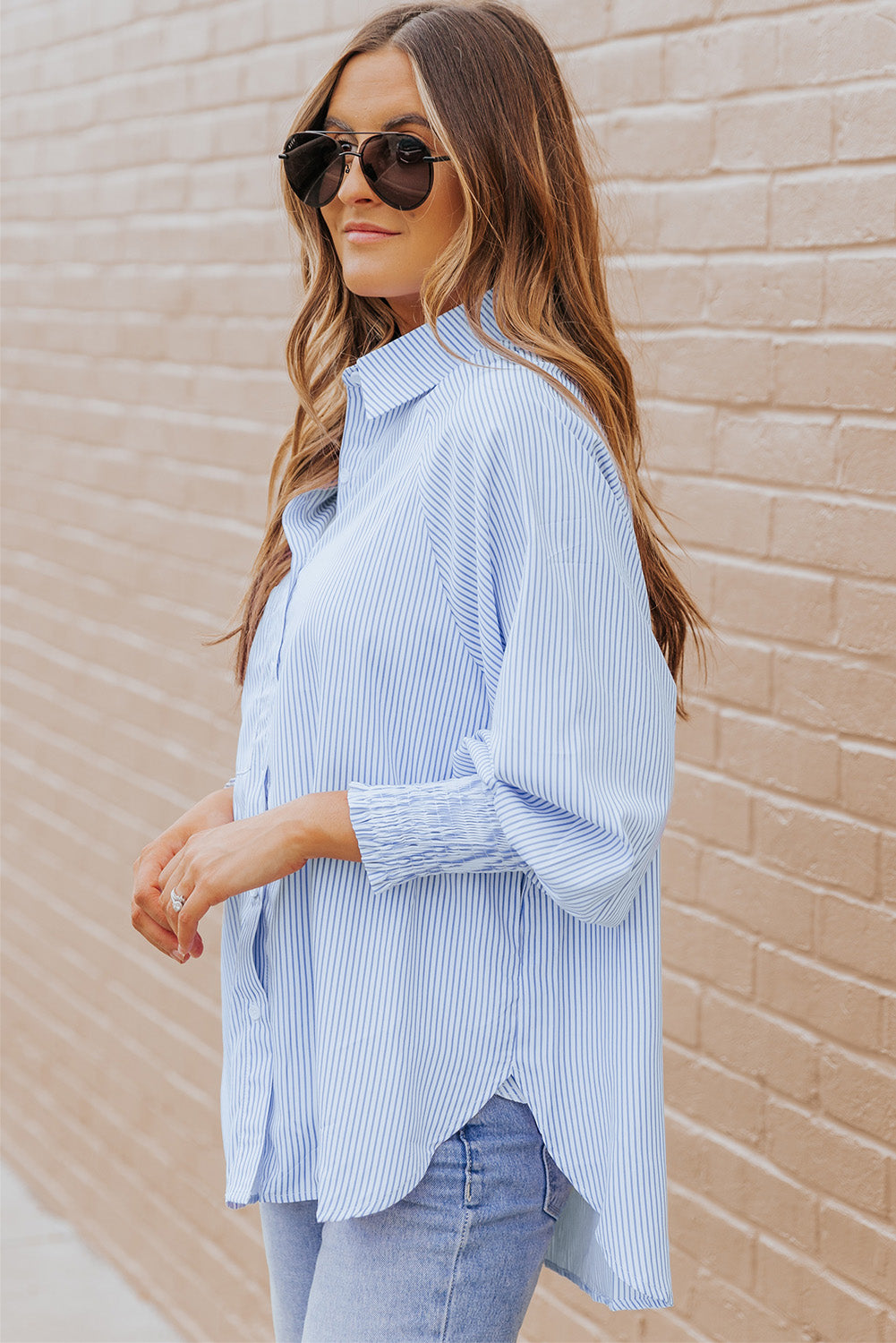 Light Blue Striped Casual Shirred Cuffs Shirt - Eloy Royal