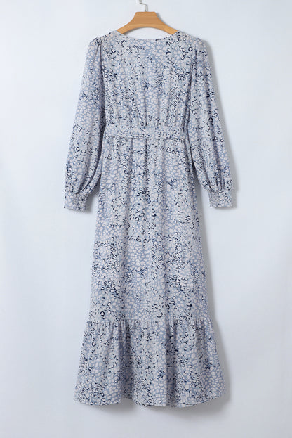 Sky Blue Printed Surplice V Neck Bubble Sleeve Sash Maxi Dress - Eloy Royal