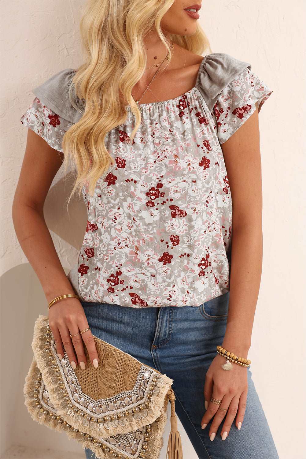 Apricot Pink Floral Print Square Neck Ruffle Sleeve Blouse