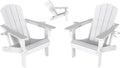 Adjustable HDPE Adirondack Chairs Set of 2, White, 3-Position Reclining ,Foldable, Cup & Phone Holders, All-Weather Outdoor