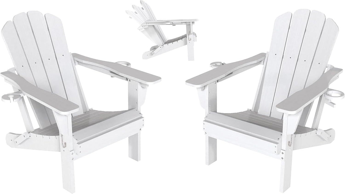 Adjustable HDPE Adirondack Chairs Set of 2, White, 3-Position Reclining ,Foldable, Cup & Phone Holders, All-Weather Outdoor