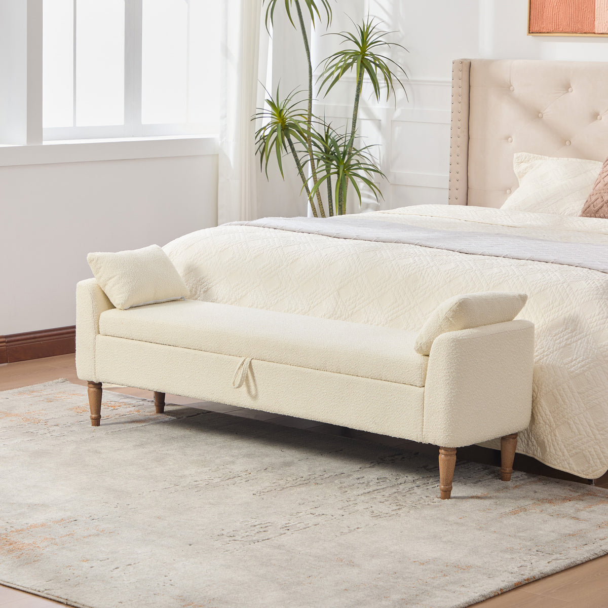 65.94' Wide Modern Upholstered  Boucle fabric Storage Bench, Bed End Foot Stool With Armrest&2 Bolster  Pillows, Bench Daybed With Rubberwood Legs For Living Room, Entryway, Dormitory, Bedroom, Beige