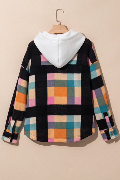 Multicolour Plaid Color Block Flap Pocket Buttoned Hoodie