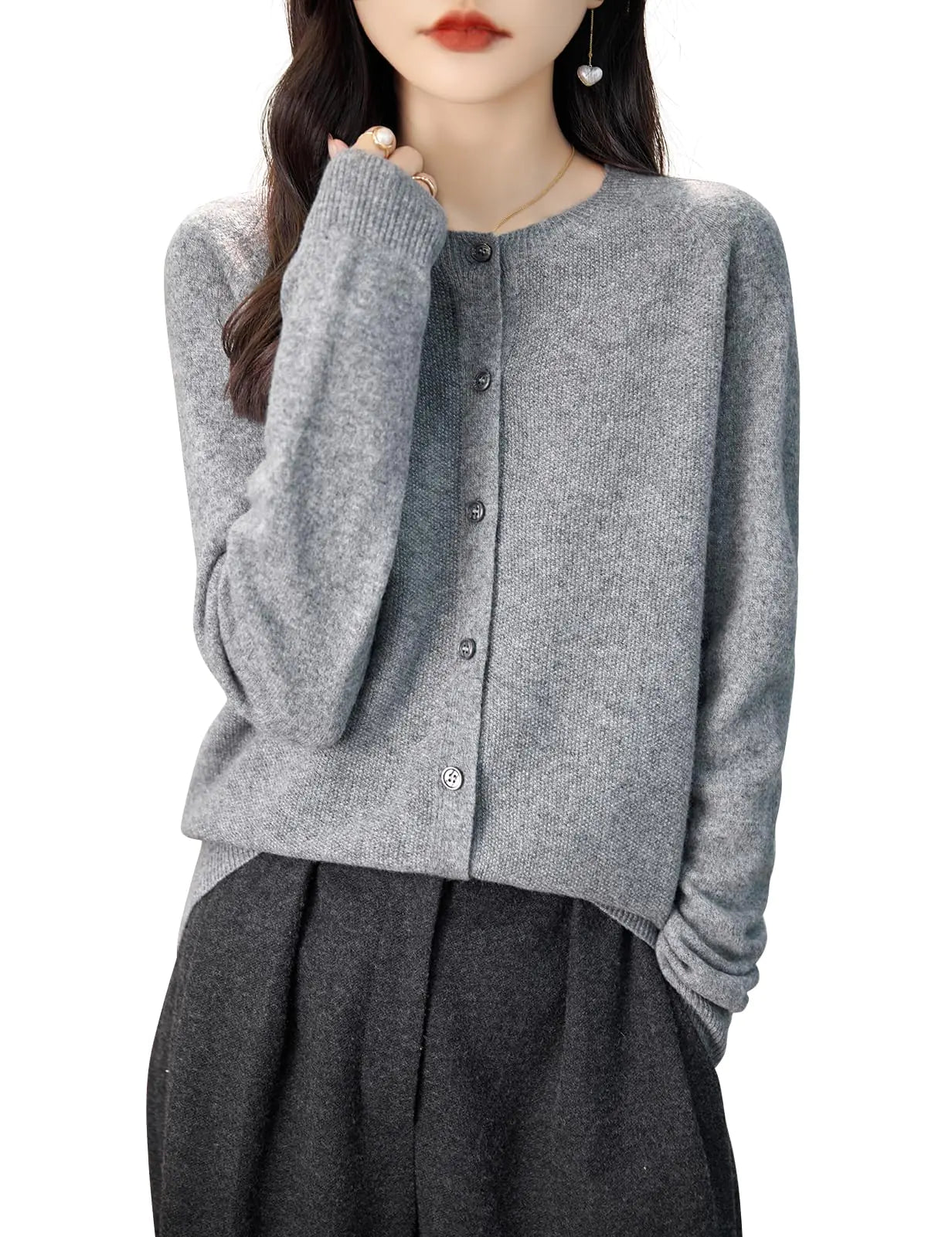 Chanyarn Womens Crewneck 100% Merino Wool Sweater 2024 Spring Fall Solid Long Sleeve Seamless Knitted Cardigan Sweater (GreyL)