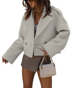 CHARTOU Women Crop Pea Coat Wool Blend Office Work Lapel Collar Short Winter Jacket Trench Coat (X-Large Apricot)