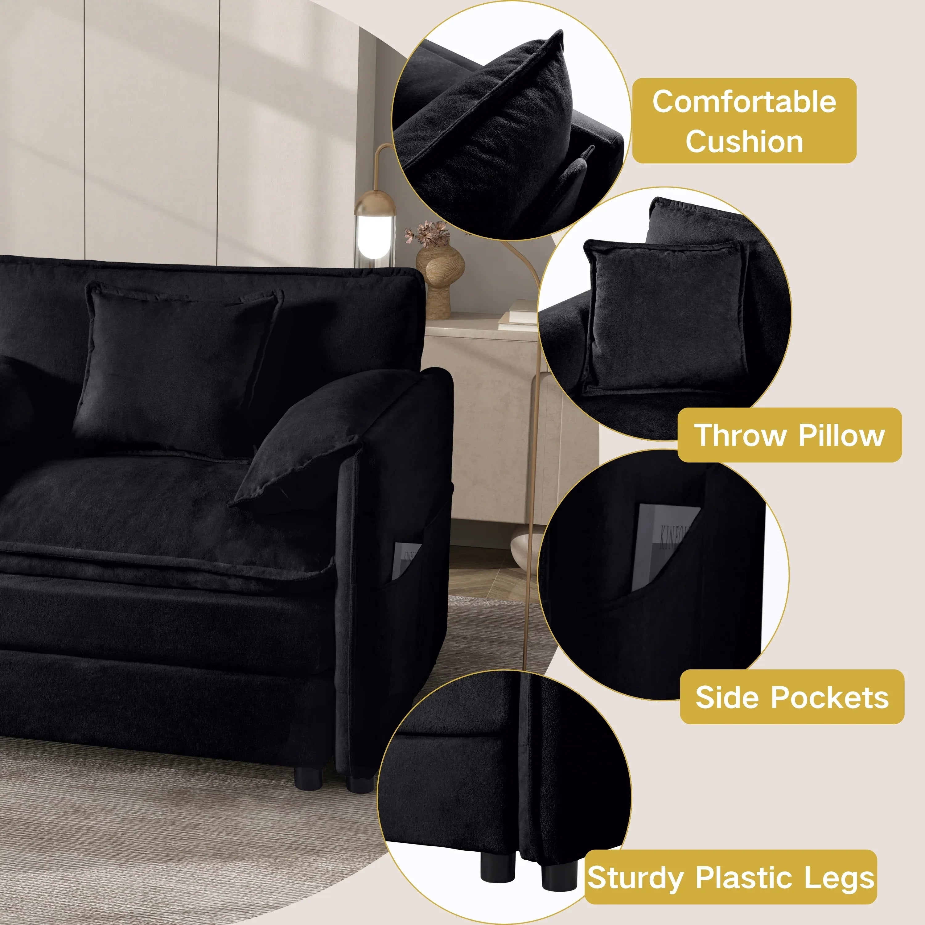 (Old:W3163S00024) Modular Sectional Sofa, Oversized Deep Seat U Shaped Couch Set for Living Room, 3-Seater Comfy Cloud Couches with 2 Movable Ottomans, DIY Combination, Chenille,Black - Eloy Royal