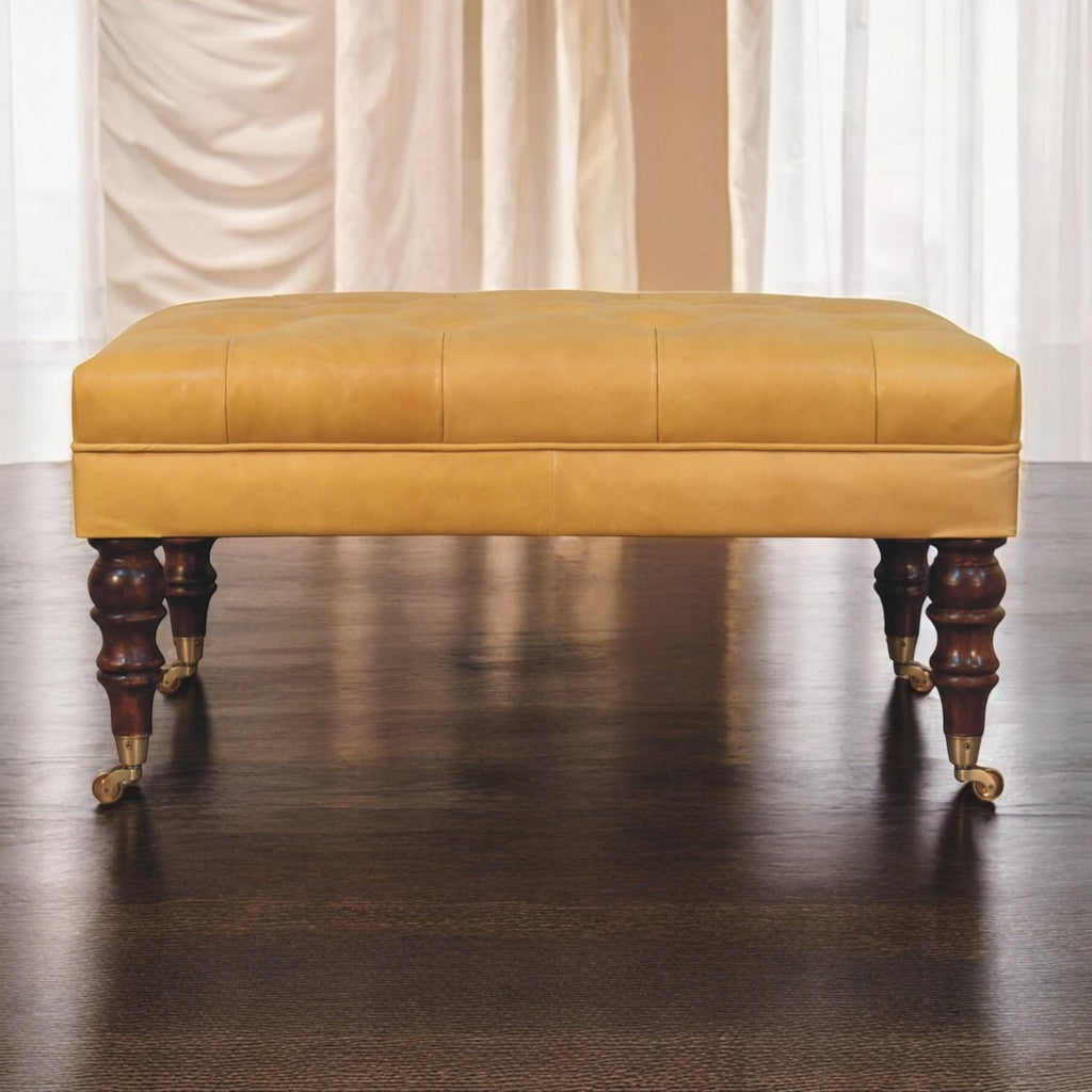 Solid Wood Honey Caramel Buffalo, Leather Ottoman with Castor Legs, Yellow and Ash Black