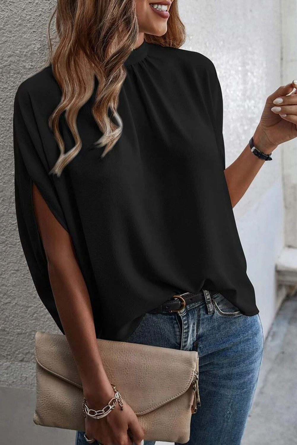 Black Solid Color Batwing Sleeve Knotted Blouse - Eloy Royal