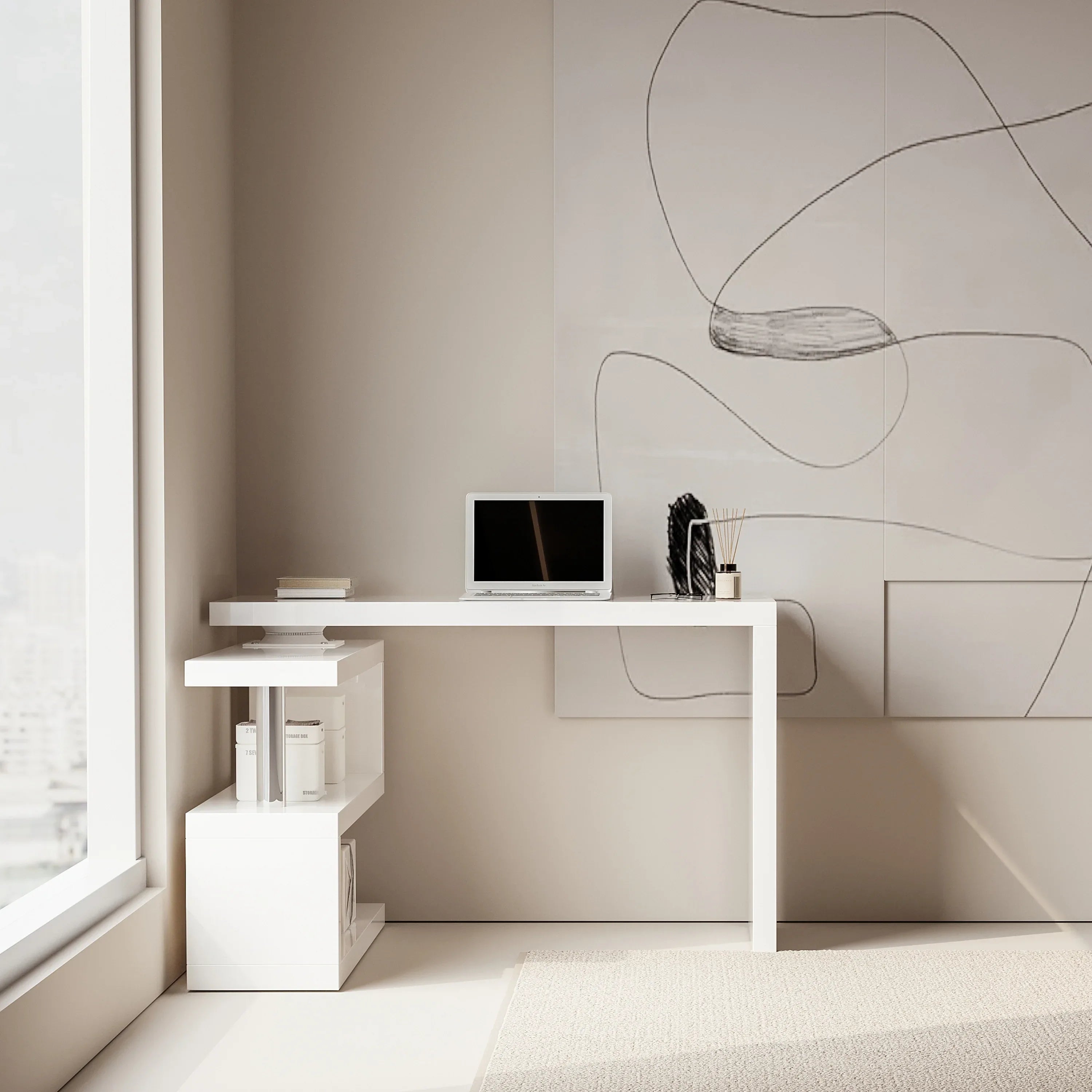 Modern 47'L Swivel Top Desk-High Gloss White - Eloy Royal