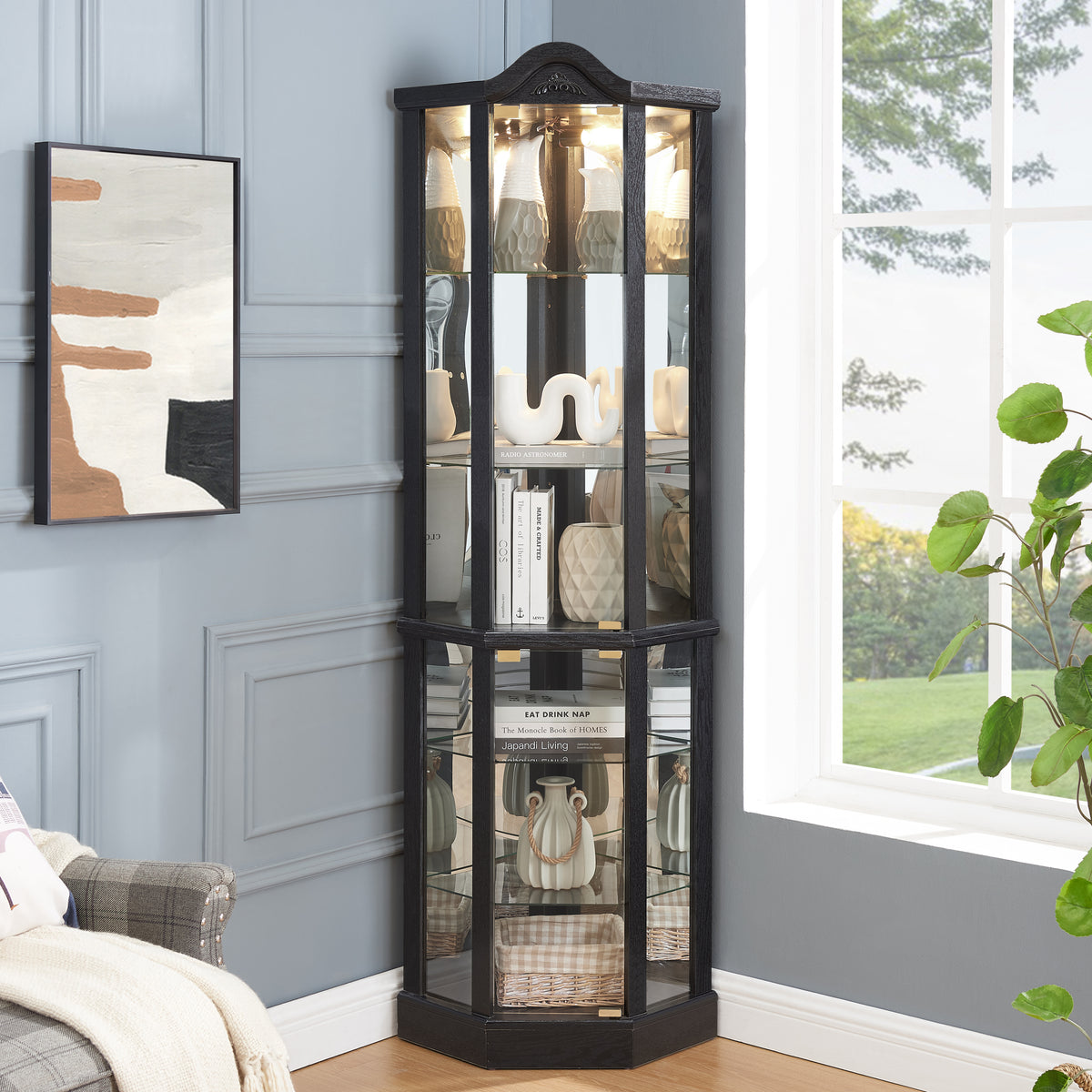 Lighted Glass Display Cabinet Corner Curio Cabinet with Adjustable Shelves Carved Cherry Decoration Wine Cabinet Perfect for Home or Office Use-BLACK