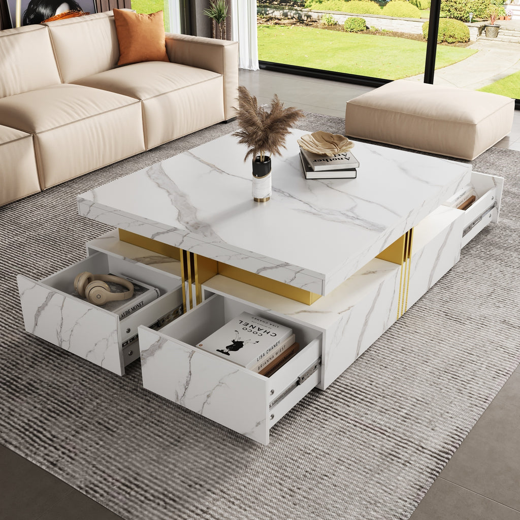Modern White Square Storage Coffee Table with 4 Drawers