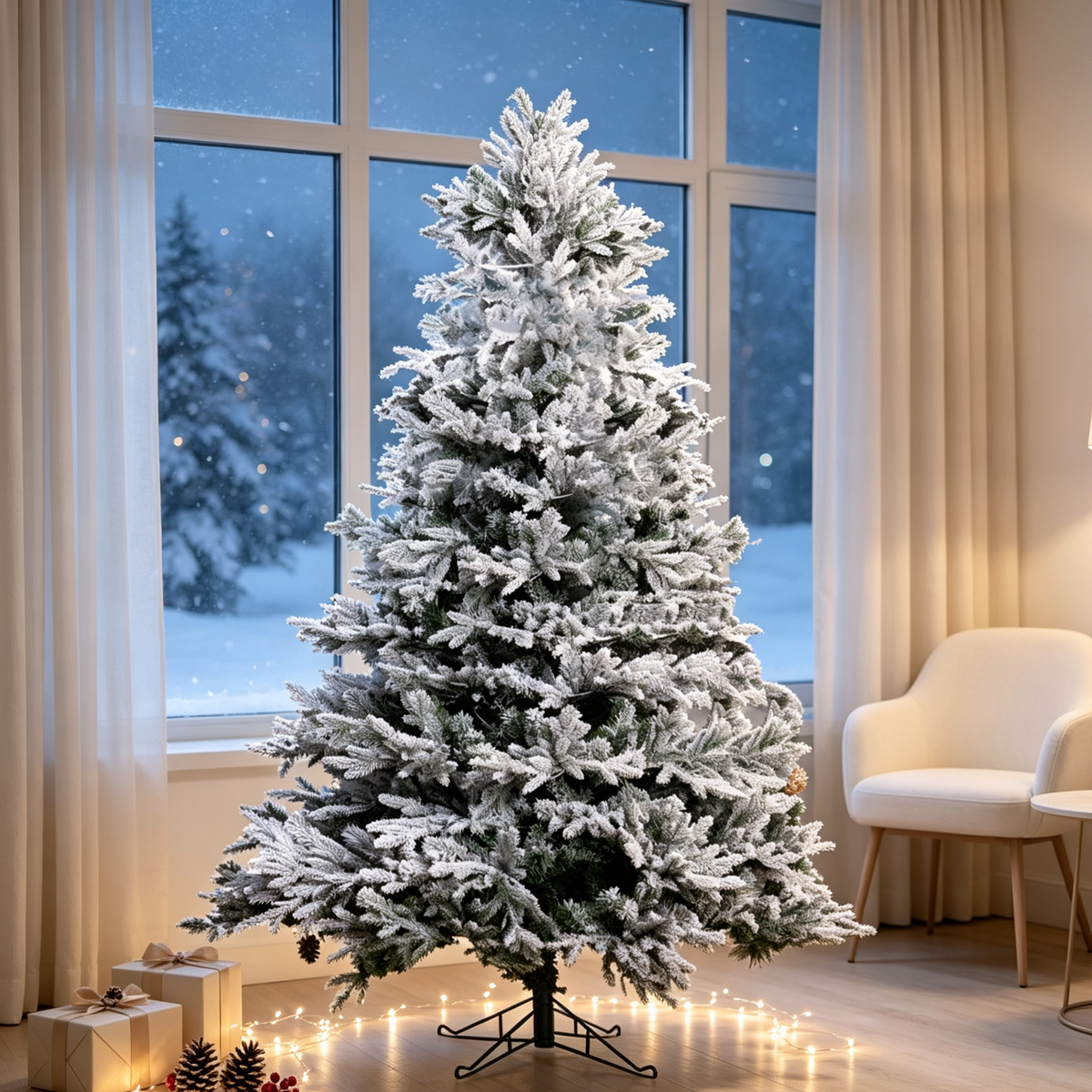 7 FT Snow‑Flocked PE/PVC Hybrid Christmas Tree, Realistic Snow Effect Artificial Xmas Tree with Green Metal Stand