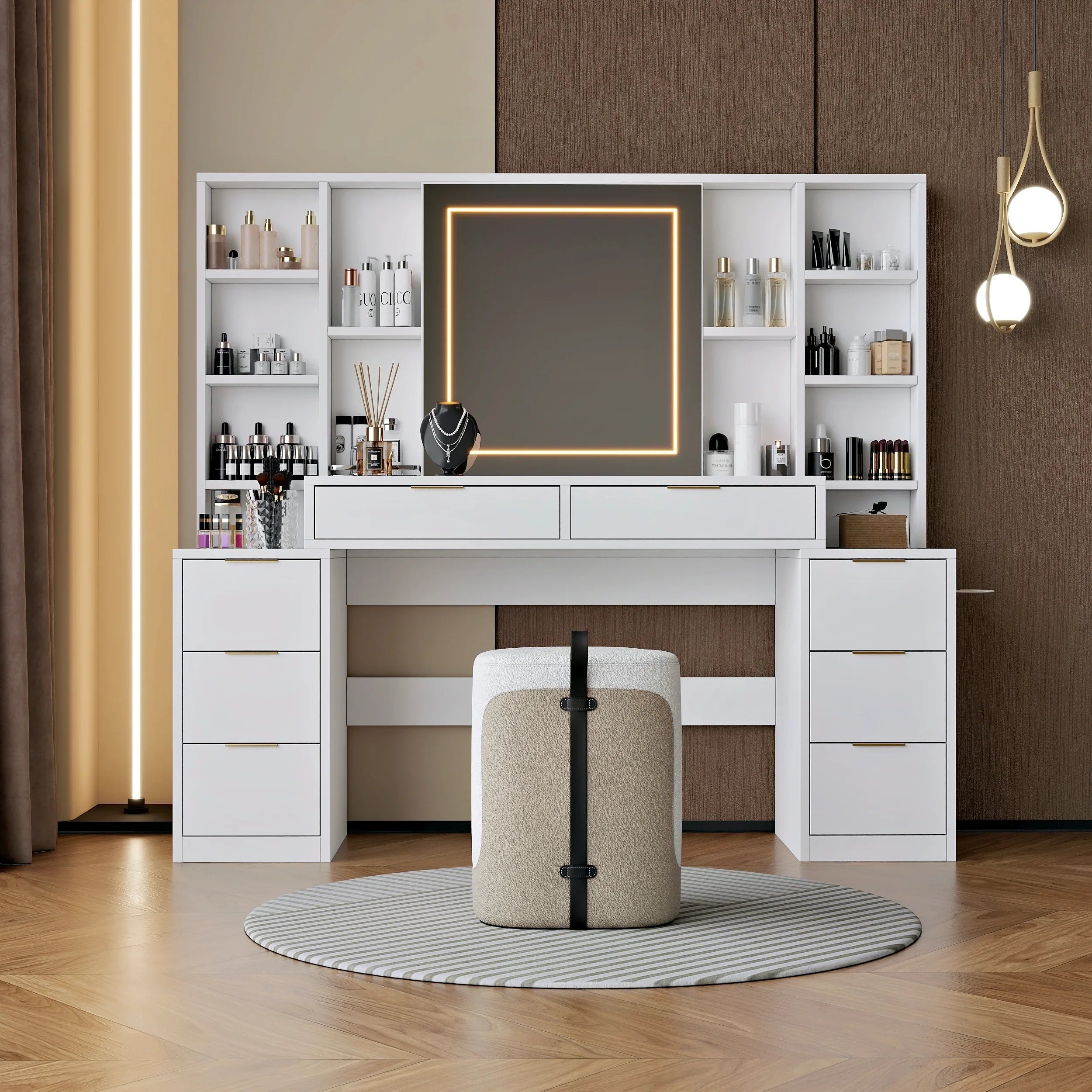 Makeup Vanity Desk with Mirror and Lights, 59' Large Vanity Table with 8Drawers & Open Storage Shelves, Brightness Adjustable, Dressing Table for Bedroom, Women and Girl - Eloy Royal