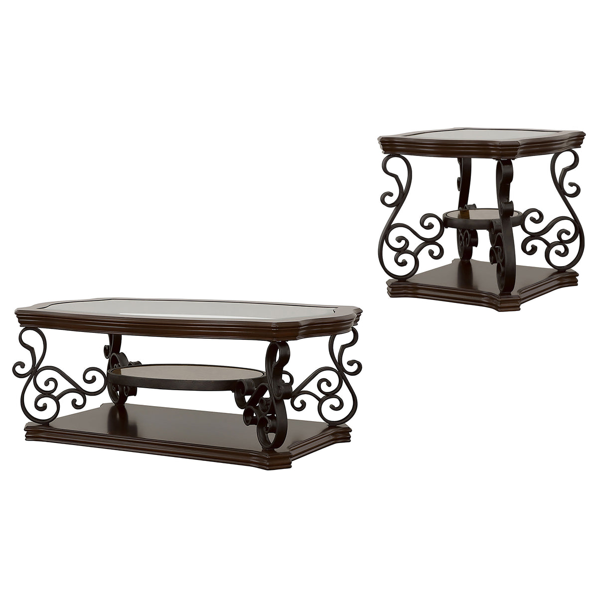 Arrize Dark Merlot 2-Piece Glass Top Coffee and End Table Set with Scroll Legs, Deep Burgundy Finish, Cherry Veneer and Tempered Glass, 52.25' W