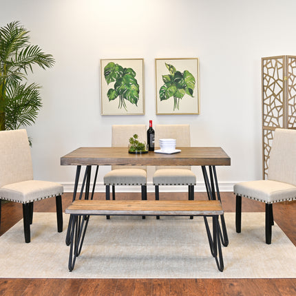 Amisos 6-Piece Dining Set, Hairpin Dining Table with 4 Chairs and a Wood Bench, 3 Color Options