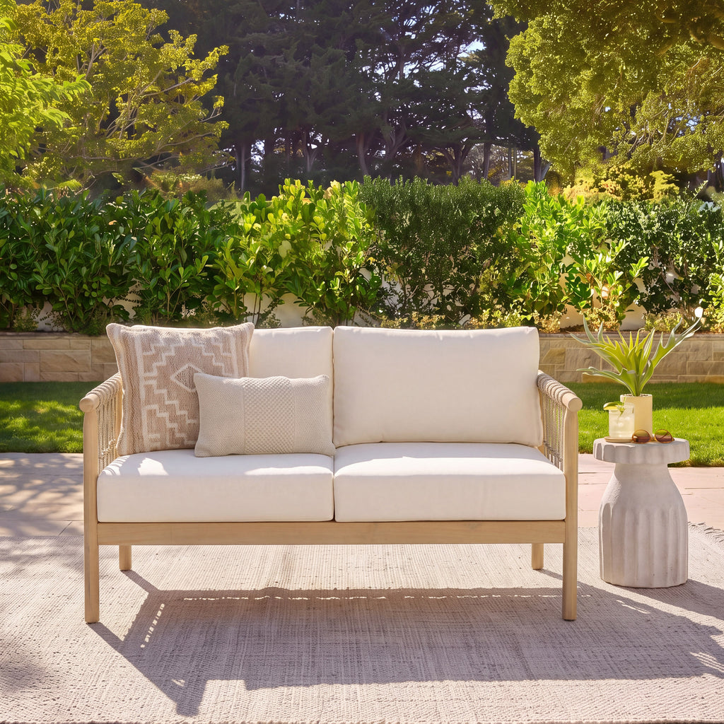 Light Teak Acacia Wood Beige Rope, Oversized Outdoor Lounge Loveseat for Patio, Backyard with Cream Cushions