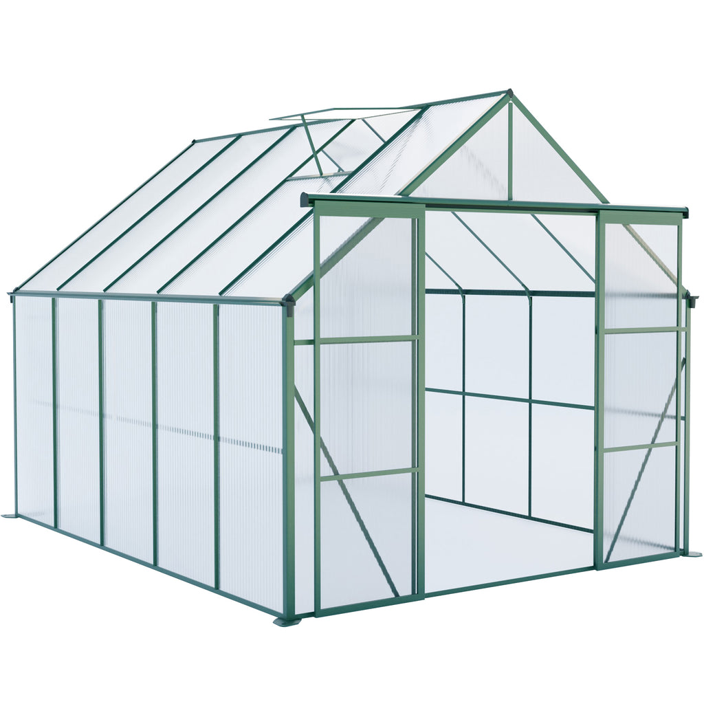 Heavy Duty Aluminum Polycarbonate Walk-in Greenhouse with Double Door and Raised Base, Green, 8x10FT