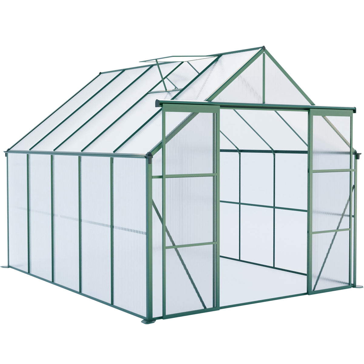Heavy Duty Aluminum Polycarbonate Walk-in Greenhouse with Double Door and Raised Base, Green, 8x10FT
