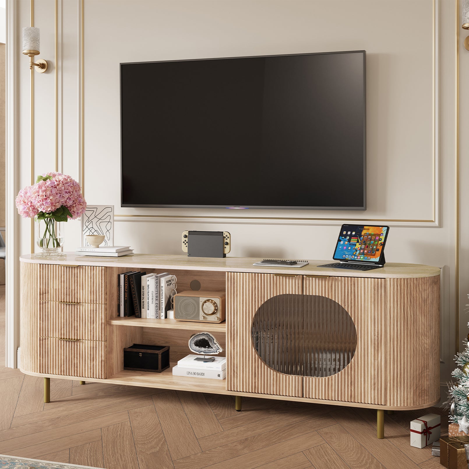 65 Inch Modern TV Stand, Fluted Media Console with Faux Marble Top, Gold Accents, Natural Oak