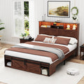 Farmhouse Queen Size Bed Frame with Storage Headboard and Drawers,Charging Station & LED Lights,Brown
