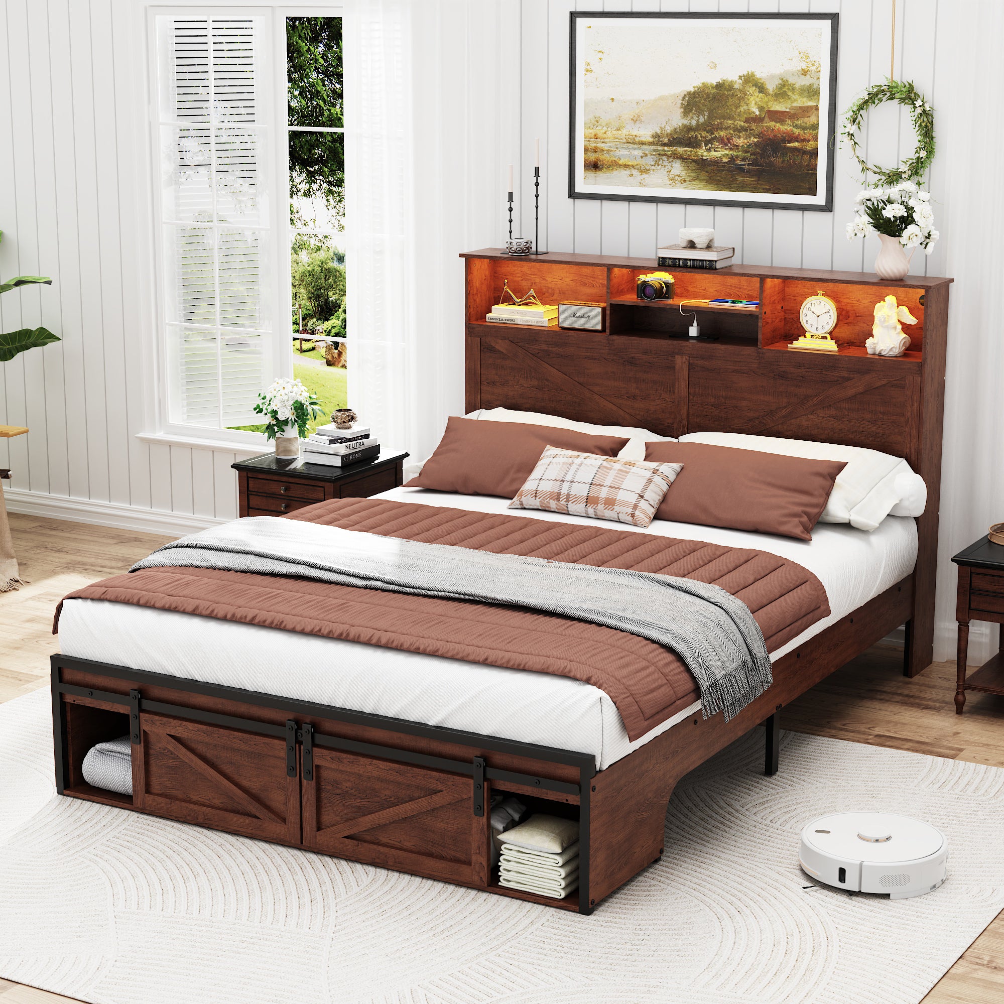 Farmhouse Queen Size Bed Frame with Storage Headboard and Drawers,Charging Station & LED Lights,Brown
