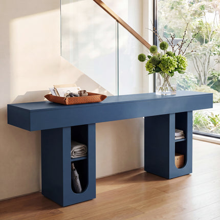 63 Inch Long Console Table with Outlet, Entryway Table with Storage Shelves, Thick Heavy Duty High Density MDF Farmhouse Sofa Table for Hallway Behind Couch,Living Room,Blue