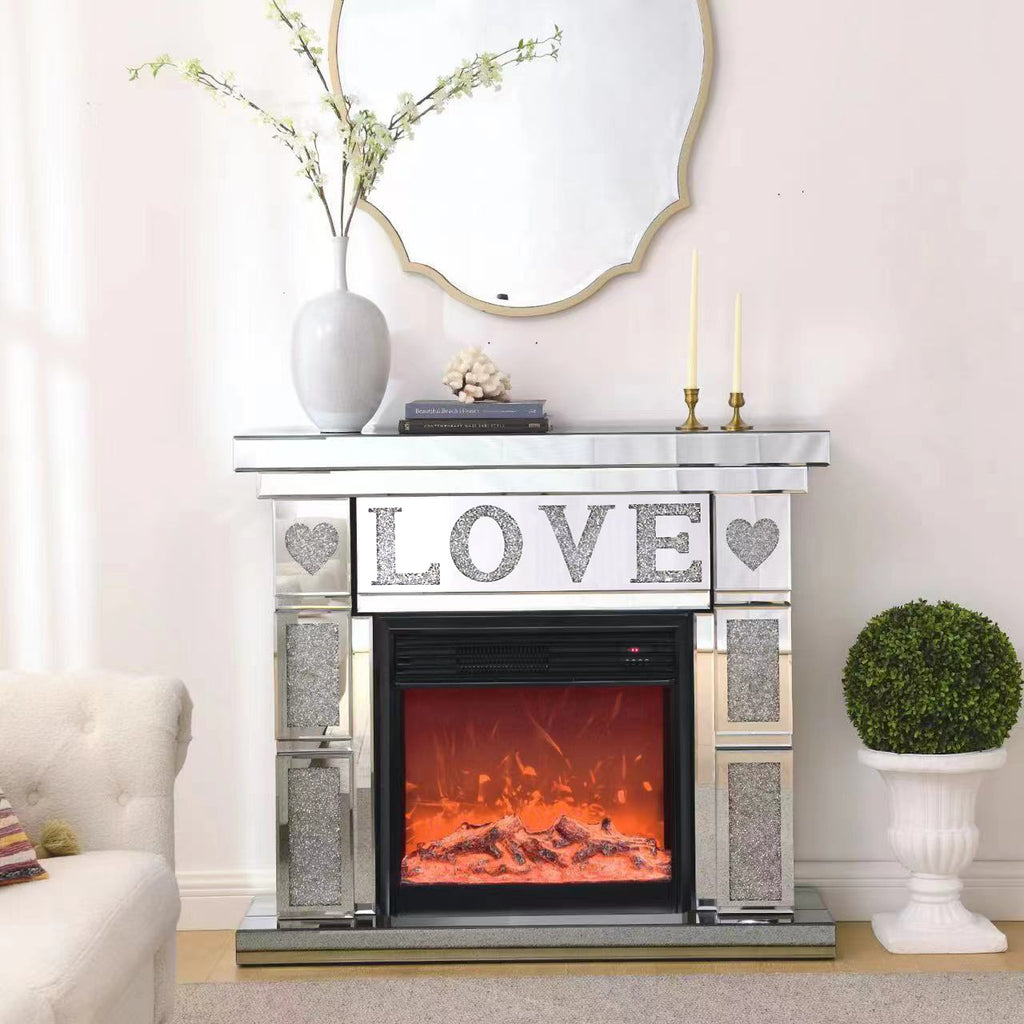 W 46 inch  X D 12.6 inch X H 41.7 inch  Acrylic diamond mirror mantelpiece, separate mantelpiece  Built-in filling: acrylic high imitation drill, 1500 W electric heating furnace