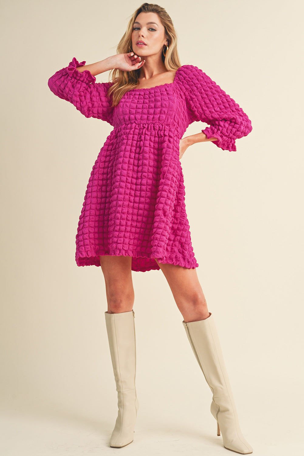 Strawberry Pink Bubble Textured Square Neck Babydoll Dress - Eloy Royal