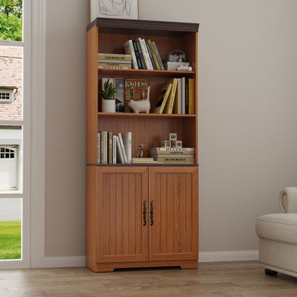 70.86'(180cm) Tall Storage Cabinet, 5 Tier Cube Display Cabinet with Adjustable Shelves and Barn Doors, MDF Wood Freestanding Display Bookshelves for Bedroom,Living Room, Kitchen, Pantry, Bar Cabinet