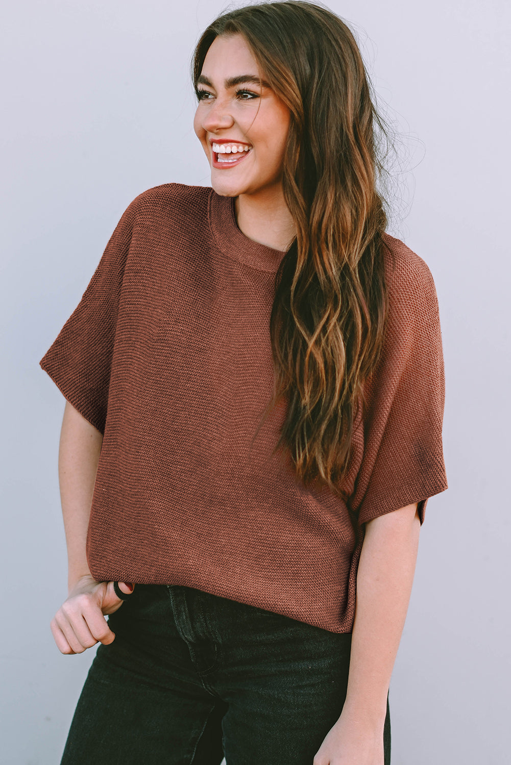 Coffee Mock Neck Short Batwing Sleeve Sweater - Eloy Royal