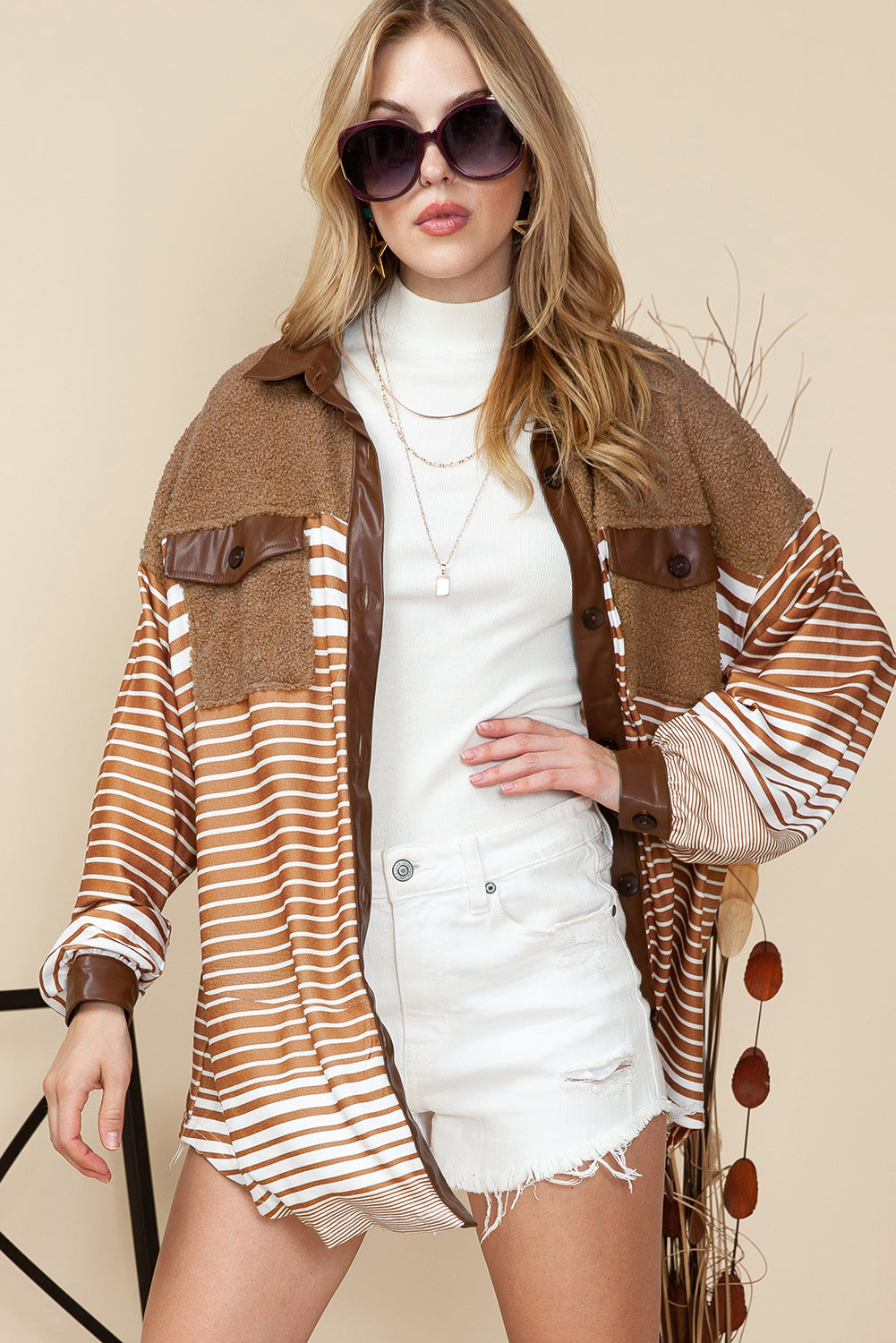 Wholesale Khaki Faux Leather and Sherpa Striped Shirt Shacket - Eloy Royal