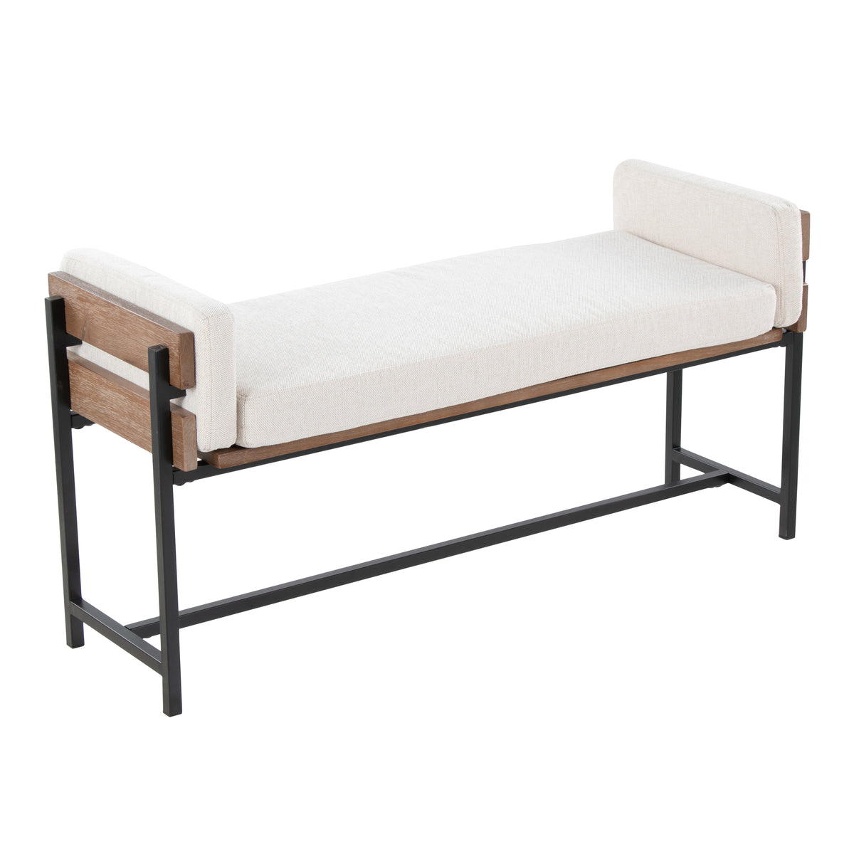 18' Bench with Black Metal, Brown Wood and Cream Fabric