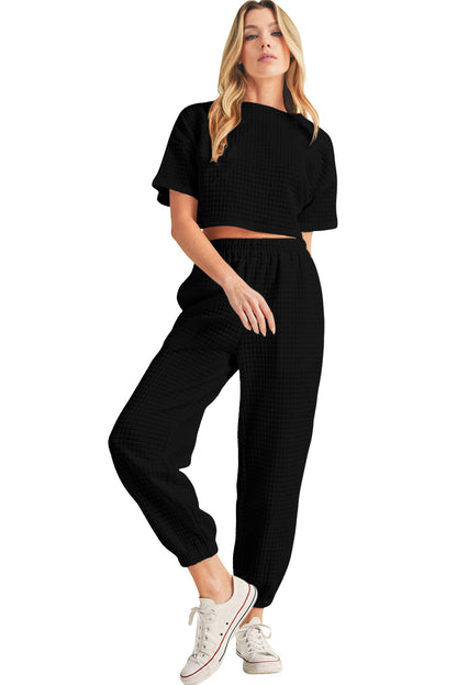 Black Textured Cropped Tee and Jogger Pants Set - Eloy Royal