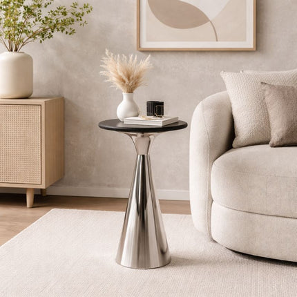 Silver Side Table with Black Marble Top Decorative Modern End Table Metal Base Accent Table for Living Room 12x12x25.5'