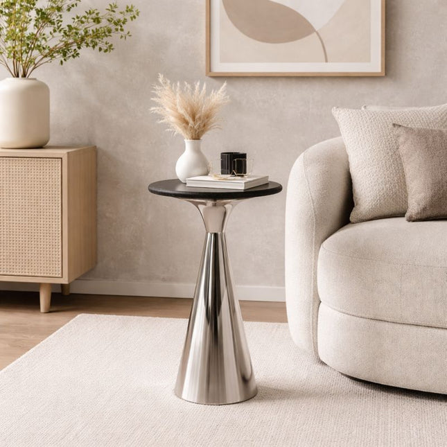Silver Side Table with Black Marble Top Decorative Modern End Table Metal Base Accent Table for Living Room 12x12x25.5'