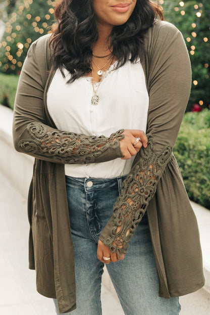 Green Crochet Plus Size Lace Sleeve Cardigan - Eloy Royal